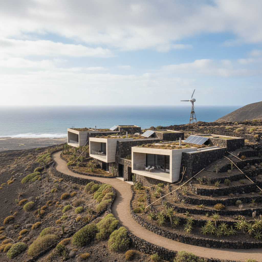 Solar panels on the roof of a sustainable home in Lanzarote with a volcanic landscape