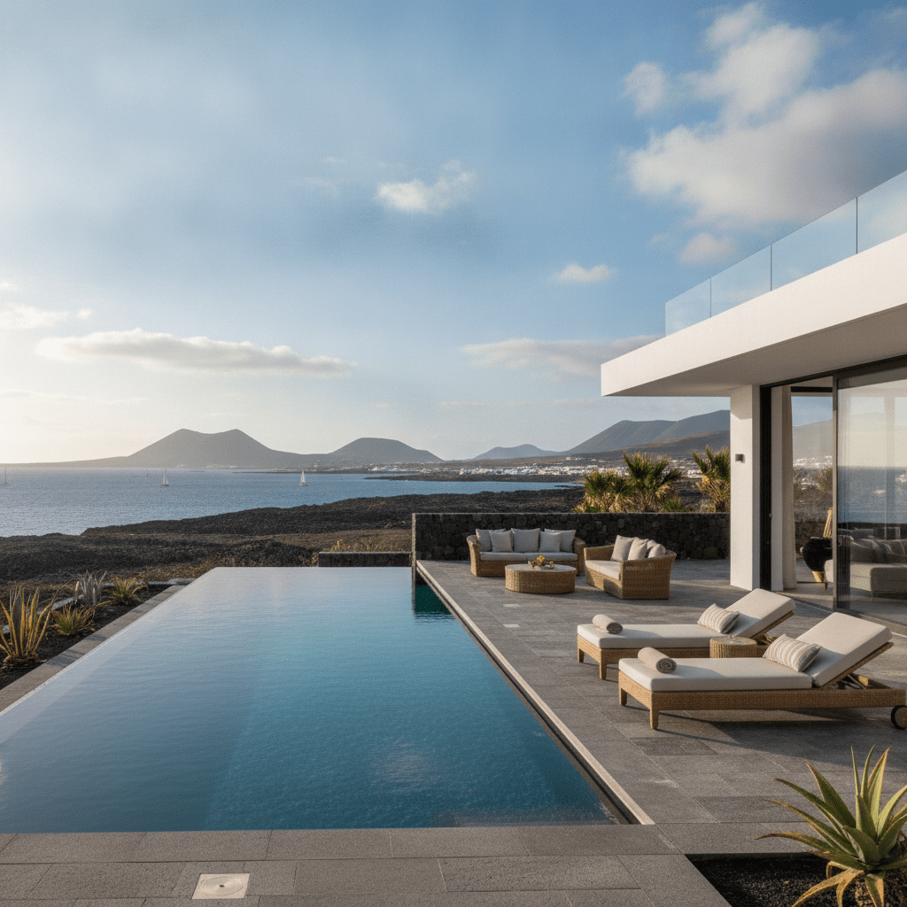 Family enjoying their private pool at a holiday villa to rent in Lanzarote