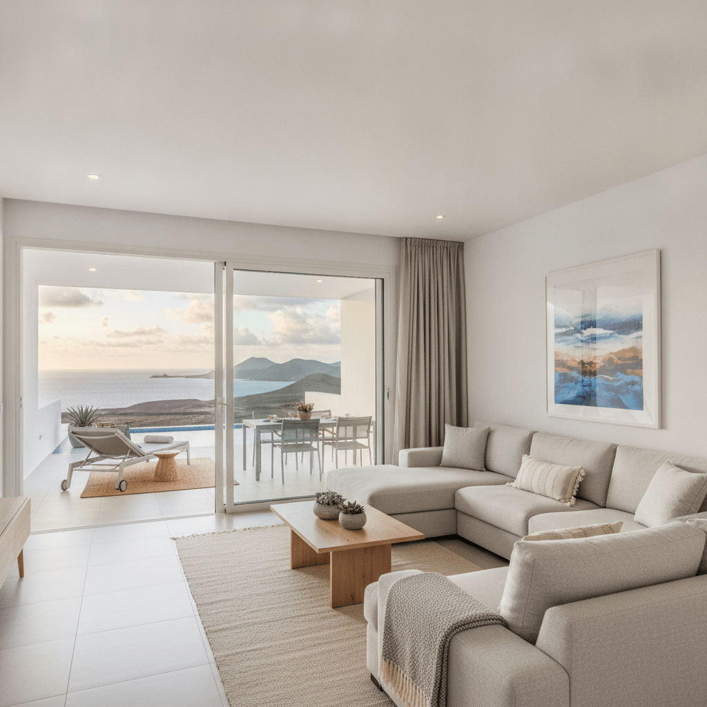 Couple enjoying a sunset view from the private terrace of their holiday apartment in Lanzarote