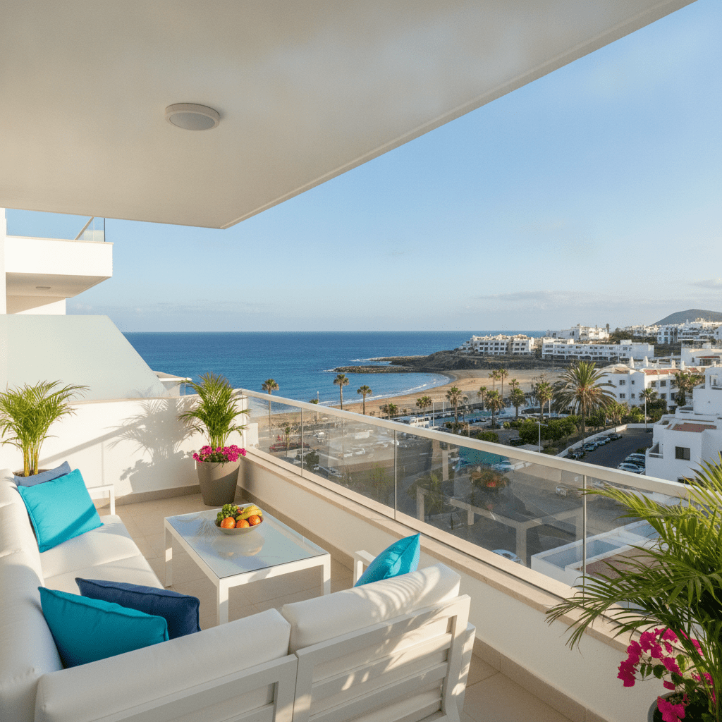 Aerial view of Puerto del Carmen with its beaches and complexes of apartments for rent